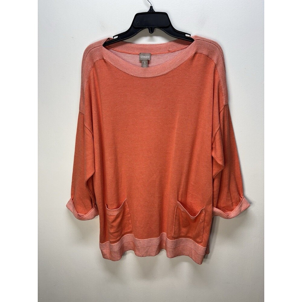 Chico's Women’s Coral Boat Neck 2 Pocket Knit Sweater Top Rayon Blend Sz 3 L